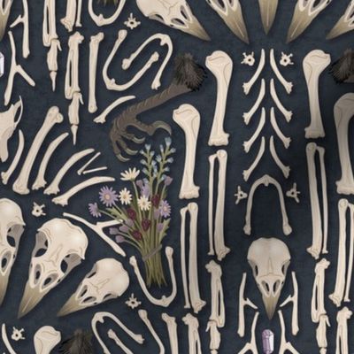 Corvid bones art deco - whimsical abstract geometric with skulls and bones, raven claw, dried flowers - dark steel blue - medium