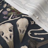 Corvid bones art deco - whimsical abstract geometric with skulls and bones, raven claw, dried flowers - dark steel blue - medium