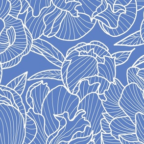 lineart peonies - white on blue, medium scale