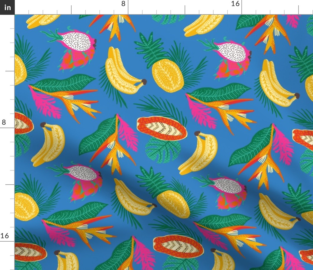 Vibrant Tropical Fruits banana, pineapple - Azure Blue