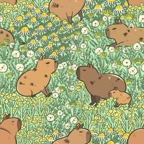 Capybaras meadow in green, medium scale 