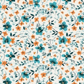 Blue and Orange Ditsy Floral Pattern 