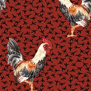 Custom watercolor rooster on red Smaller Wallpaper