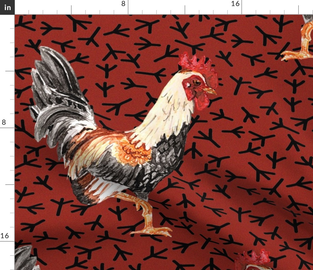 Custom watercolor rooster on red Smaller Wallpaper