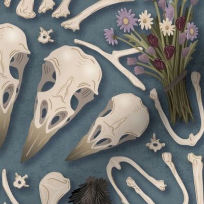 Corvid bones art deco - whimsical abstract geometric with skulls and bones, raven claw, dried flowers - dusty blue - extra large