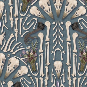 Corvid bones art deco - whimsical abstract geometric with skulls and bones, raven claw, dried flowers - dusty blue - extra large