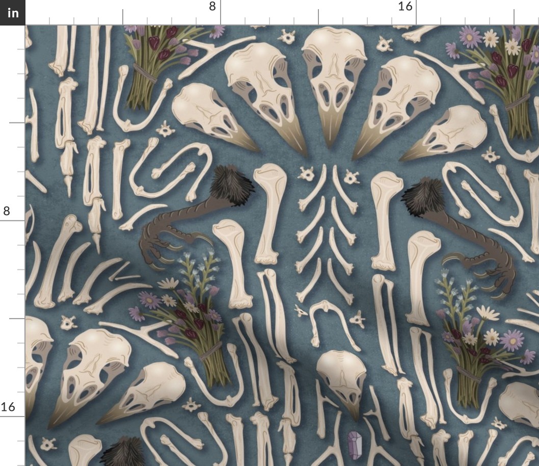 Corvid bones art deco - whimsical abstract geometric with skulls and bones, raven claw, dried flowers - dusty blue - extra large