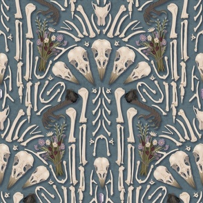 Corvid bones art deco - whimsical abstract geometric with skulls and bones, raven claw, dried flowers - dusty blue - large