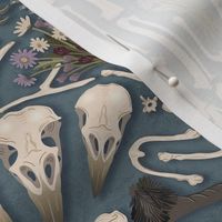 Corvid bones art deco - whimsical abstract geometric with skulls and bones, raven claw, dried flowers - dusty blue - medium