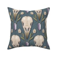 Raven Skull and flowers - whimsical goth damask with crow's skulls, crystals and dried flowers - dusty blue - large