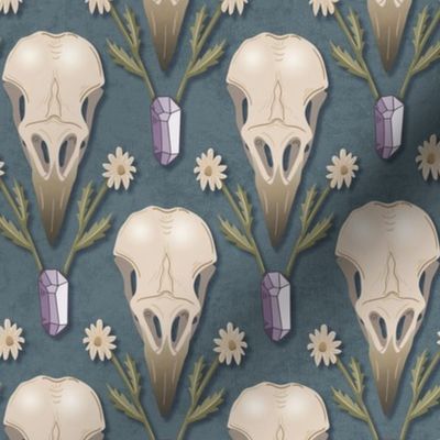 Raven Skull and flowers - whimsical goth damask with crow's skulls, crystals and dried flowers - dusty blue - medium