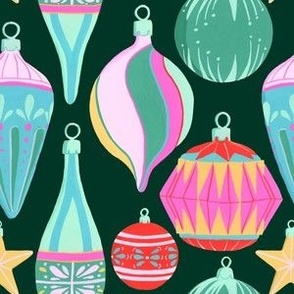 
Hand Painted Bold Vintage Holiday Baubles on Dark Green // 6x6
