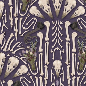 Corvid bones art deco - whimsical abstract geometric with skulls and bones, raven claw, dried flowers - purple - extra large