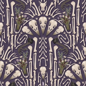 Corvid bones art deco - whimsical abstract geometric with skulls and bones, raven claw, dried flowers - purple - large