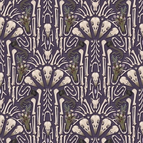 Corvid bones art deco - whimsical abstract geometric with skulls and bones, raven claw, dried flowers - purple - medium