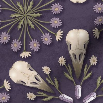 Raven Skull and flowers - whimsical goth damask with crow's skulls, crystals and dried flowers - purple - large