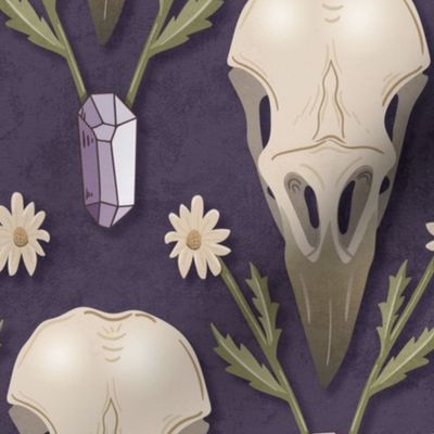 Raven Skull and flowers - whimsical goth damask with crow's skulls, crystals and dried flowers - purple - large