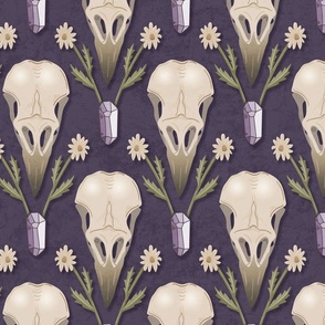 Raven Skull and flowers - whimsical goth damask with crow's skulls, crystals and dried flowers - purple - large