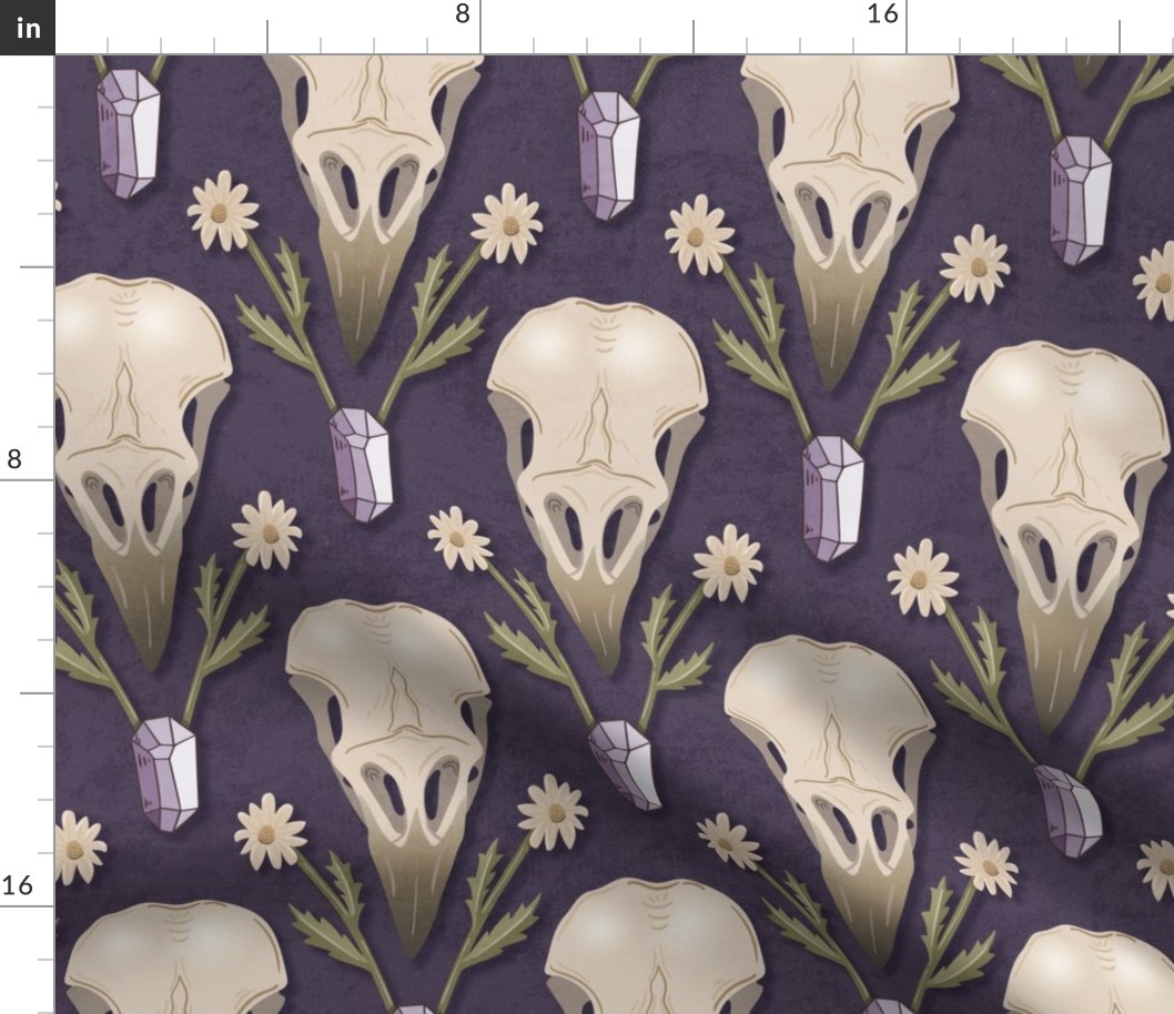 Raven Skull and flowers - whimsical goth damask with crow's skulls, crystals and dried flowers - purple - large