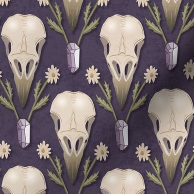 Raven Skull and flowers - whimsical goth damask with crow's skulls, crystals and dried flowers - purple - medium