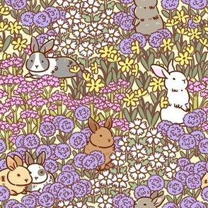 Bunnies in meadow with colorful wild flowers, colored, medium scale.
