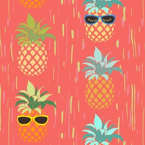 Funny Pineapples with glasses on  coral / pink background  - medium scale