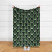 Dark Blue Green Arts and Craft Animals Pattern, Contemporary Victorian Arts Aesthetic,  Dark Green Textured Background with Yellow Sitting Rabbits Hare Design