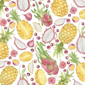 Tropical Watercolor Fruit Tossed Yellow Pink large scale
