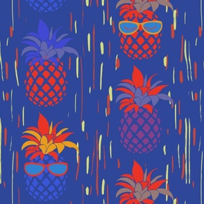 Funny Pineapples with glasses on  blaze blue background  - medium scale