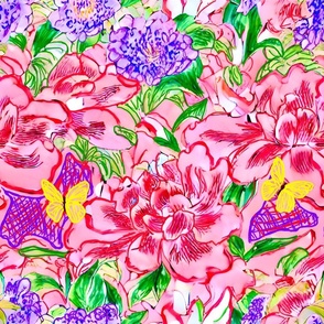 Preppy Chinoiserie flowers in pink, peach and purple with yellow butterflies, watercolor and markers drawing