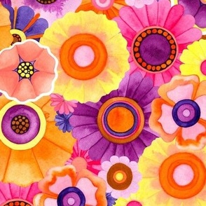 Painted Flowers / Dense Daisies - Bright Retro Floral // Larger Scale