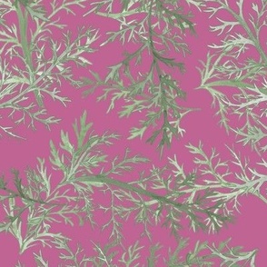 Watercolor Ferns Light Sage on Peony Pink