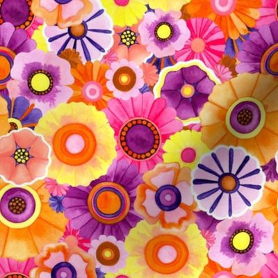 Painted Flowers / Dense Daisies - Bright Retro Floral // Medium Scale