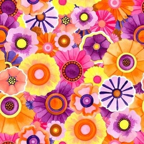 Painted Flowers / Dense Daisies - Bright Retro Floral // Medium Scale