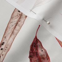 Watercolor floating eucalyptus gum leaves in colorful pink, earthy tones on Optic White / White Smoke / 18"