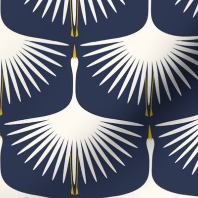 Art Deco Swans - Cream on Epic Navy - 6" wide repeat