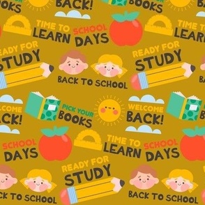 Back to school phrases and art on mustard