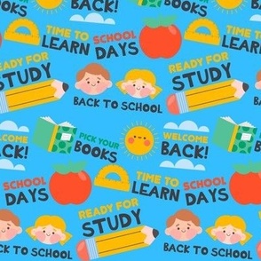 Back to school phrases and art on blue