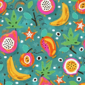 Tropical Fruit Party Turquoise Brights with texture