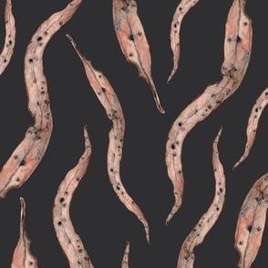 Watercolor floating eucalyptus gum leaves in pink and earthy tones on Onyx Black / 12"
