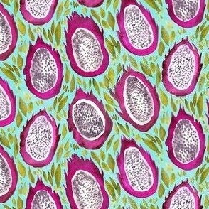 Watercolor Dragon Fruit - Ditsy Scale - Pitaya Tropical Fruit Turquoise Background
