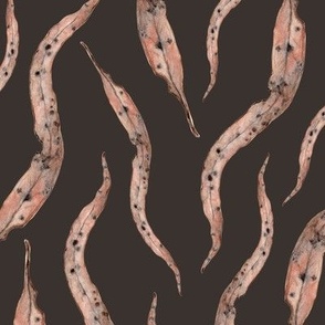 Watercolor painted eucalyptus gum leaves in pink and earthy tones on ground coffee taupe / 12"