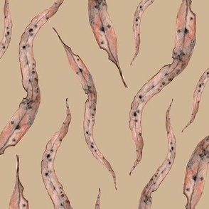 Watercolor painted eucalyptus gum leaves in pink and earthy tones on oat milk tan / 12"