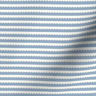 Horizontal Cream Scallop Ruffle Wave Stripes - Blue background
