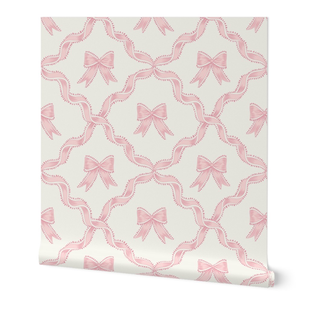 Medium Pink Bows with Ribbon Diamond Trellis on Benjamin Moore Alabaster White Background