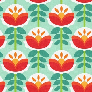 Mid Century Lychee Flowers Red Turquoise