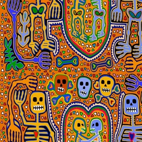 Halloween Dancing Skeletons - Design 15102048 - Navy Orange Yellow - Large Scale