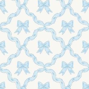 Small Blue Bows with Ribbon Diamond Trellis on Benjamin Moore White Opulence Background