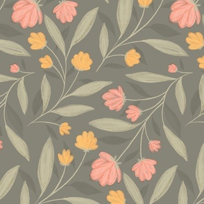 Hand drawn Pink & orange Flower vine pattern