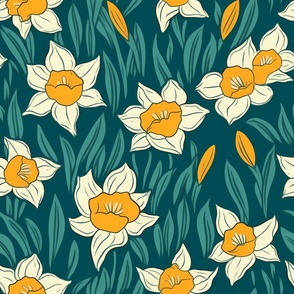 Naive Daffodils - Teal Print with Golden Daffodils, Spring Floral 
